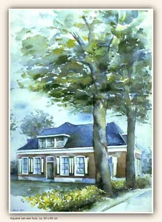 Aquarel van een huis, ca. 65 x 45 cm